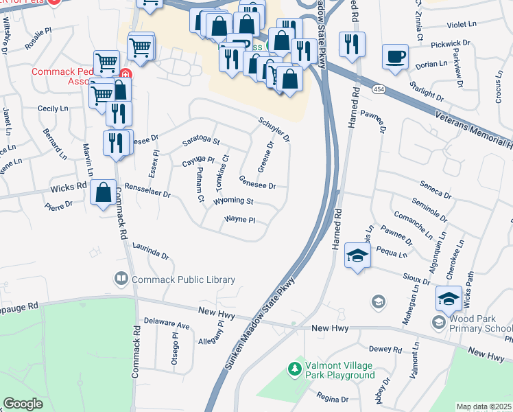 map of restaurants, bars, coffee shops, grocery stores, and more near 28 Wyoming Street in Commack