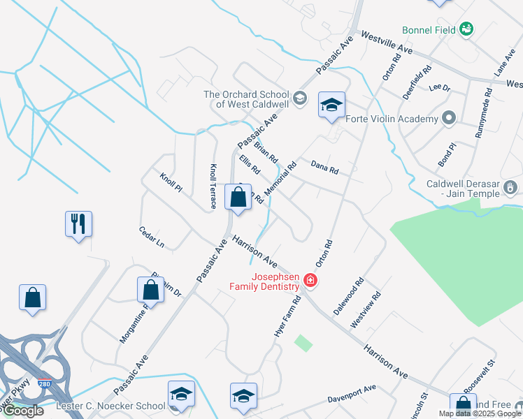map of restaurants, bars, coffee shops, grocery stores, and more near 12 Dillon Road in West Caldwell