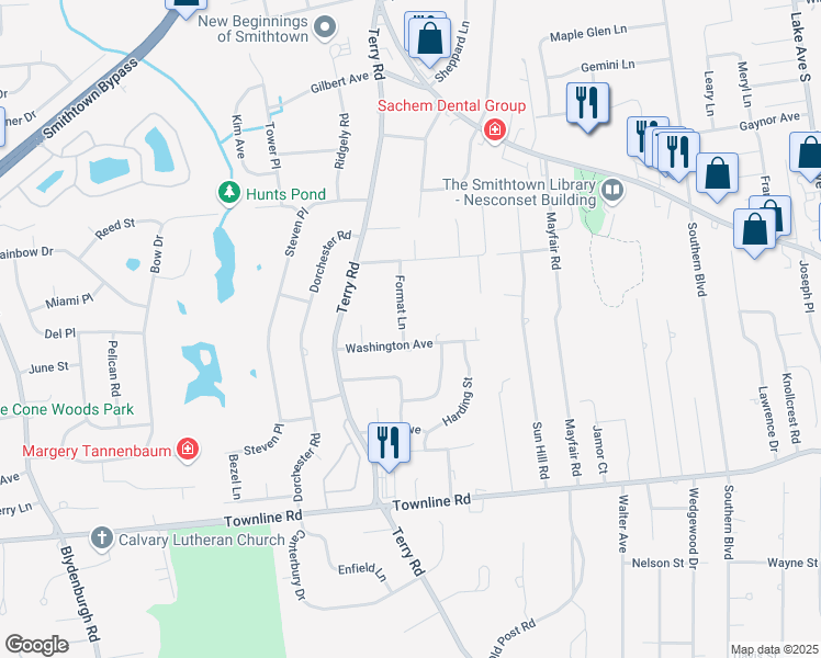 map of restaurants, bars, coffee shops, grocery stores, and more near 19 Format Lane in Smithtown