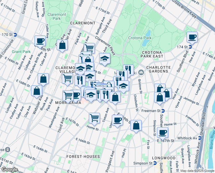 map of restaurants, bars, coffee shops, grocery stores, and more near 1362 Franklin Avenue in The Bronx