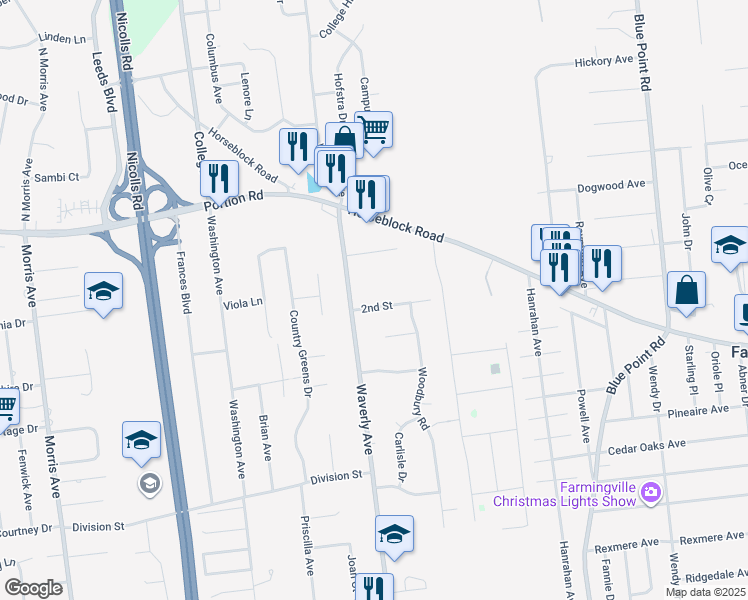 map of restaurants, bars, coffee shops, grocery stores, and more near 11 2nd Street in Farmingville