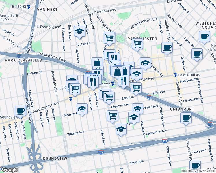 map of restaurants, bars, coffee shops, grocery stores, and more near 11062 Hugh J. Grant Circle in The Bronx