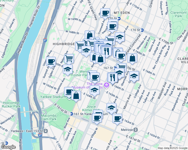 map of restaurants, bars, coffee shops, grocery stores, and more near 1081 Gerard Avenue in The Bronx