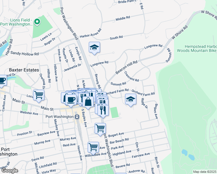 map of restaurants, bars, coffee shops, grocery stores, and more near 6 Beacon Hill Road in Port Washington