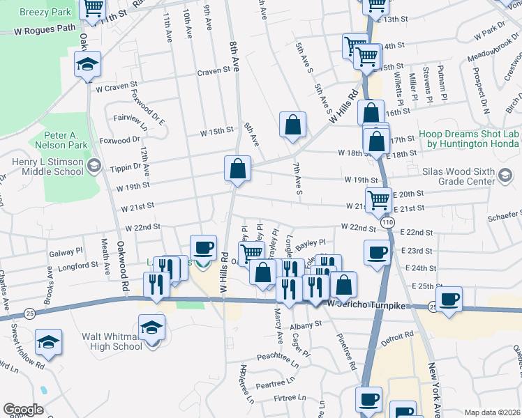 map of restaurants, bars, coffee shops, grocery stores, and more near 106 West 21st Street in Huntington Station