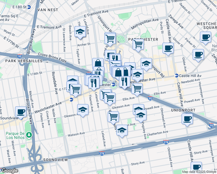 map of restaurants, bars, coffee shops, grocery stores, and more near 11062 Hugh J. Grant Circle in The Bronx
