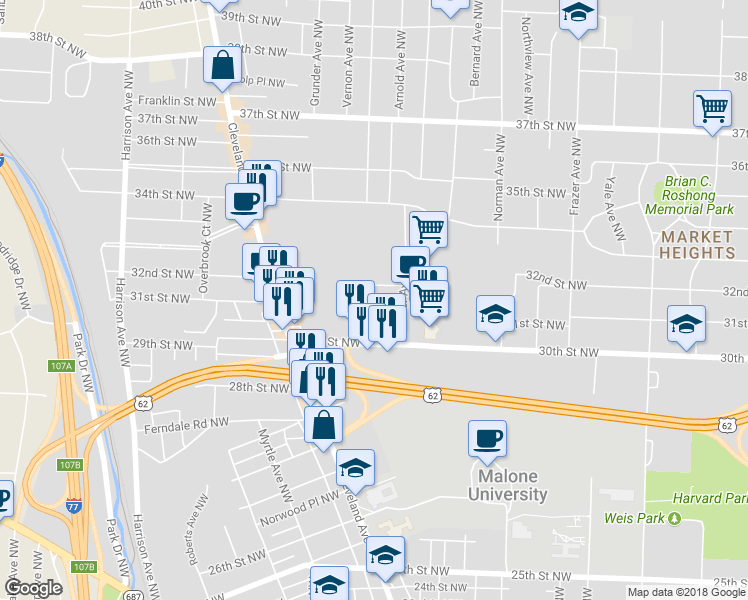 map of restaurants, bars, coffee shops, grocery stores, and more near 1215 31st Street Northwest in Canton