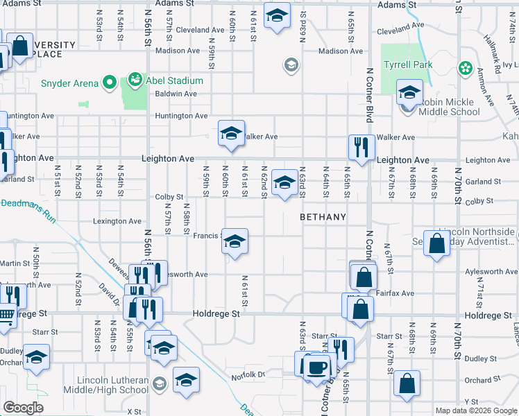 map of restaurants, bars, coffee shops, grocery stores, and more near 2029 North 62nd Street in Lincoln