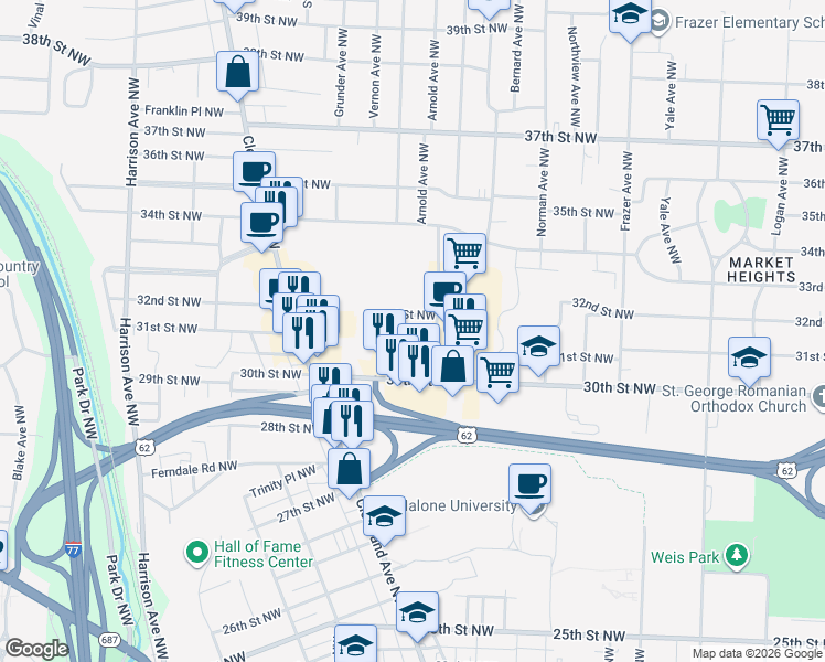 map of restaurants, bars, coffee shops, grocery stores, and more near 1215 31st Street Northwest in Canton