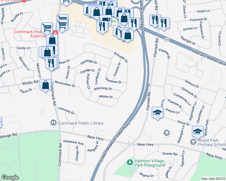 map of restaurants, bars, coffee shops, grocery stores, and more near 28 Wyoming Street in Commack