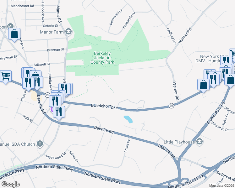 map of restaurants, bars, coffee shops, grocery stores, and more near 1441 East Jericho Turnpike in Huntington