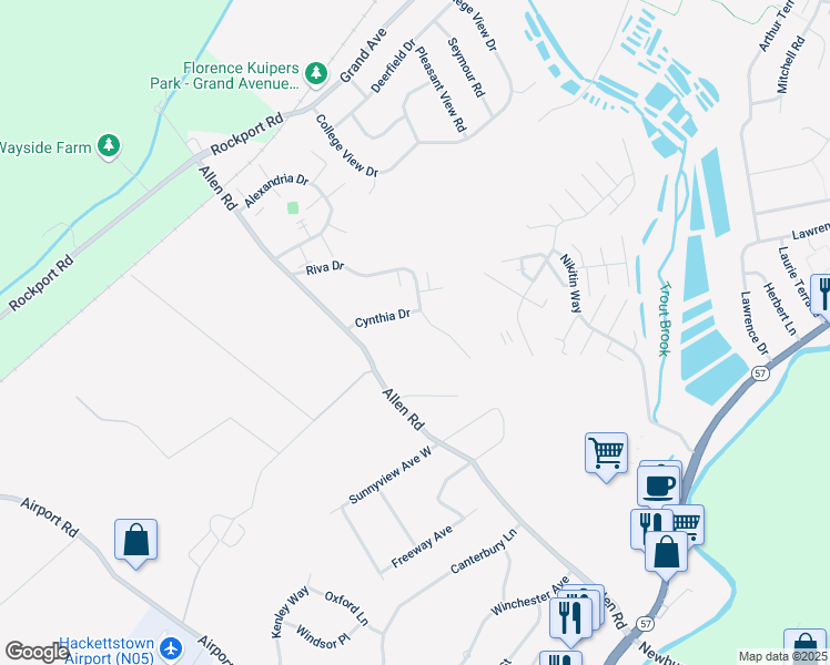 map of restaurants, bars, coffee shops, grocery stores, and more near 145 Cynthia Drive in Hackettstown