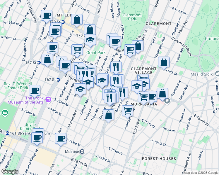 map of restaurants, bars, coffee shops, grocery stores, and more near 1230 Reverend Jerome A. Greene Place in The Bronx