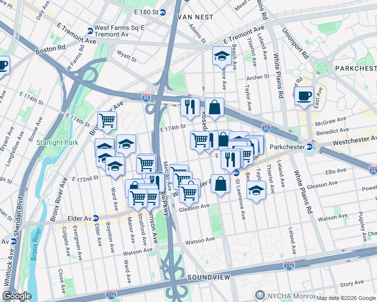 map of restaurants, bars, coffee shops, grocery stores, and more near 1328 Fteley Avenue in Bronx