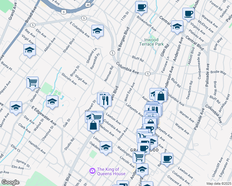 map of restaurants, bars, coffee shops, grocery stores, and more near 755 Kingsland Avenue in Ridgefield
