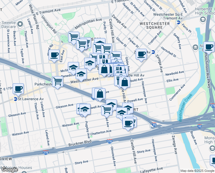 map of restaurants, bars, coffee shops, grocery stores, and more near 2120 Newbold Avenue in The Bronx