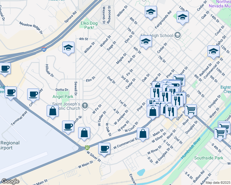 map of restaurants, bars, coffee shops, grocery stores, and more near 120 Fir Street in Elko