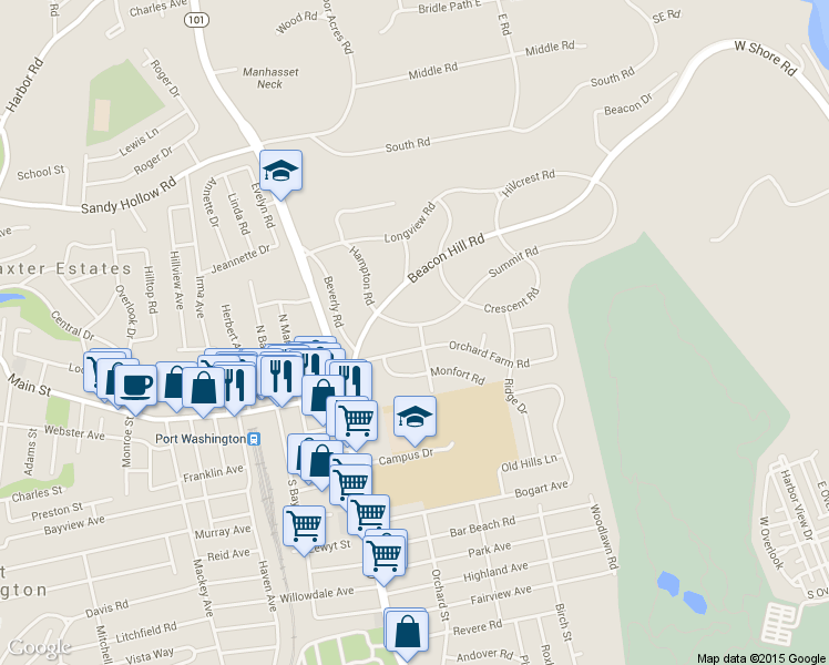 map of restaurants, bars, coffee shops, grocery stores, and more near 11 Summit Road in Port Washington