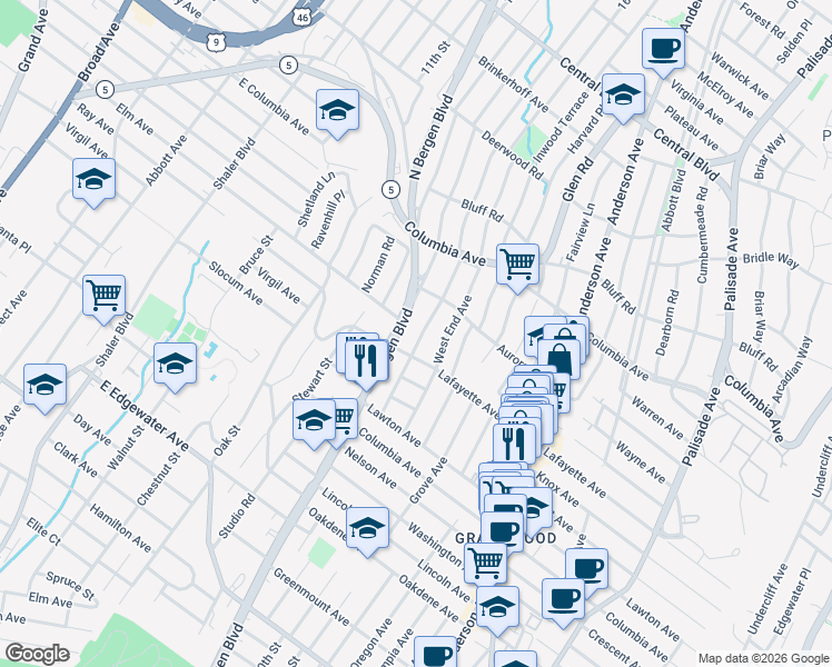 map of restaurants, bars, coffee shops, grocery stores, and more near 753 Kingsland Avenue in Ridgefield