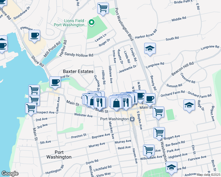 map of restaurants, bars, coffee shops, grocery stores, and more near 6 Hillview Avenue in Port Washington