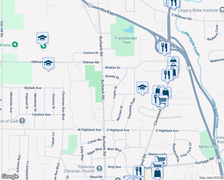 map of restaurants, bars, coffee shops, grocery stores, and more near 2722 Taylor Street in Wooster
