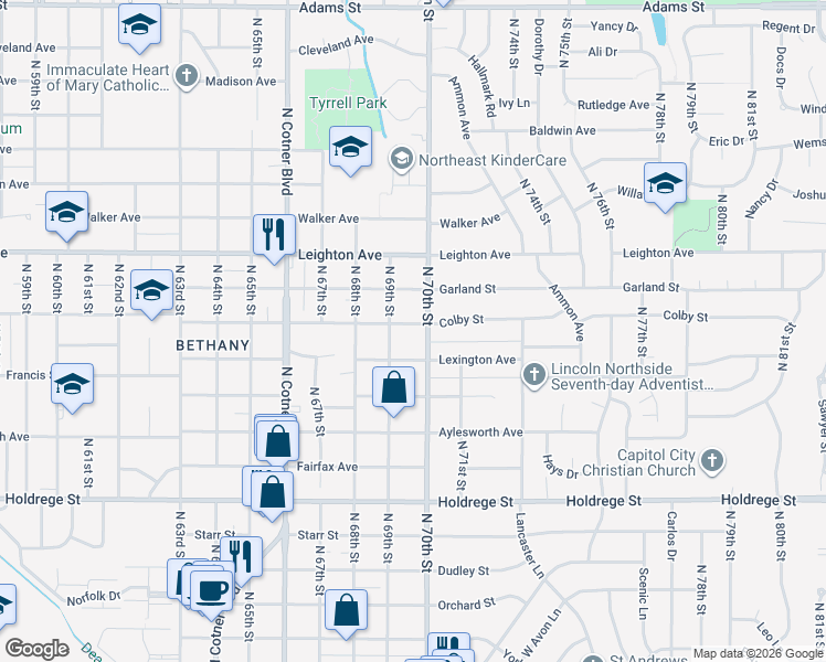 map of restaurants, bars, coffee shops, grocery stores, and more near 6935 Colby Street in Lincoln