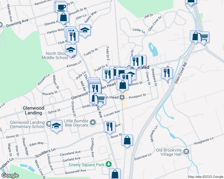 map of restaurants, bars, coffee shops, grocery stores, and more near 2 Oaklawn Avenue in Glen Head
