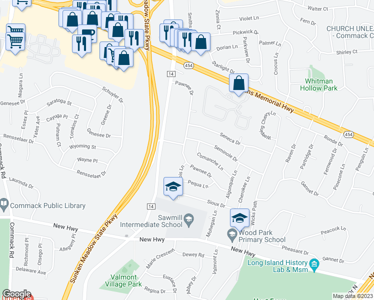 map of restaurants, bars, coffee shops, grocery stores, and more near 41 Pawnee Drive in Commack