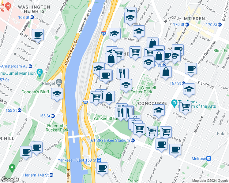 map of restaurants, bars, coffee shops, grocery stores, and more near 1007 Woodycrest Avenue in Bronx