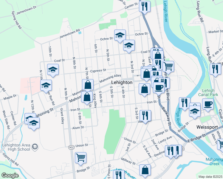 map of restaurants, bars, coffee shops, grocery stores, and more near 120 S 5th St in Lehighton