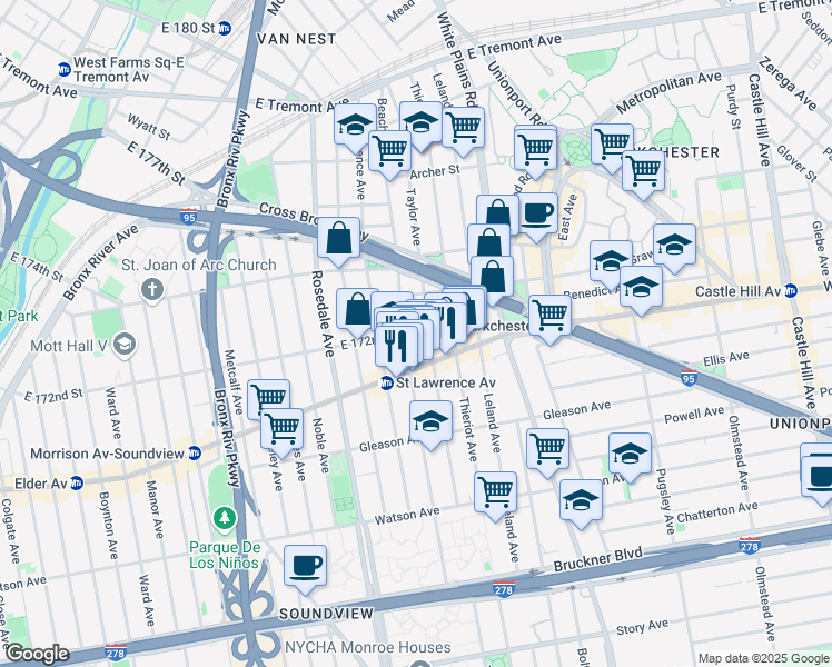 map of restaurants, bars, coffee shops, grocery stores, and more near 1330 Beach Avenue in Bronx