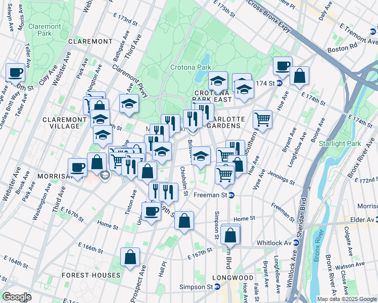 map of restaurants, bars, coffee shops, grocery stores, and more near 798 East 170th Street in The Bronx