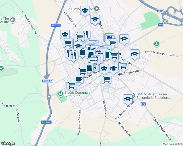 map of restaurants, bars, coffee shops, grocery stores, and more near 101 Via Nazionale dei Trulli in Fasano
