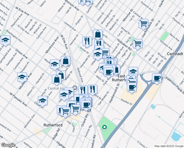 map of restaurants, bars, coffee shops, grocery stores, and more near 159 Everett Place in East Rutherford