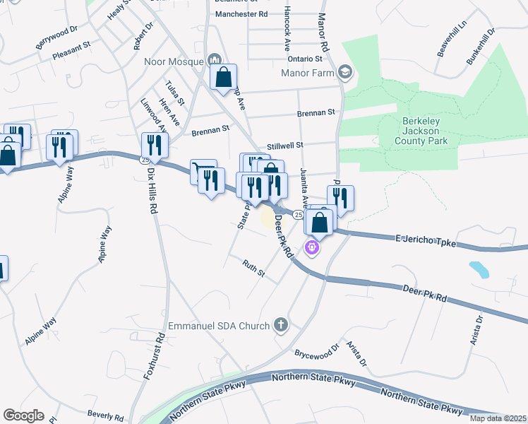 map of restaurants, bars, coffee shops, grocery stores, and more near 1206 East Jericho Turnpike in Huntington