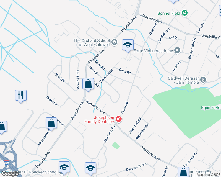 map of restaurants, bars, coffee shops, grocery stores, and more near 24 Ellis Road in West Caldwell