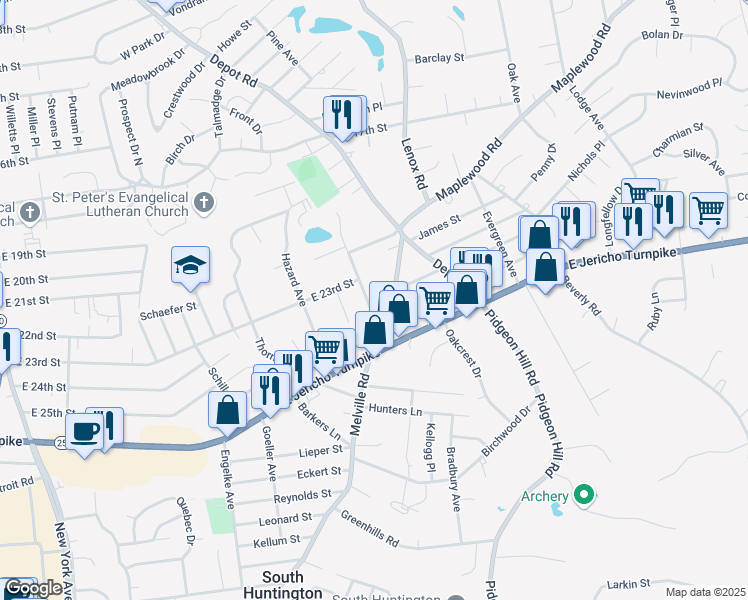 map of restaurants, bars, coffee shops, grocery stores, and more near 10 Frog Pond Road in Huntington Station