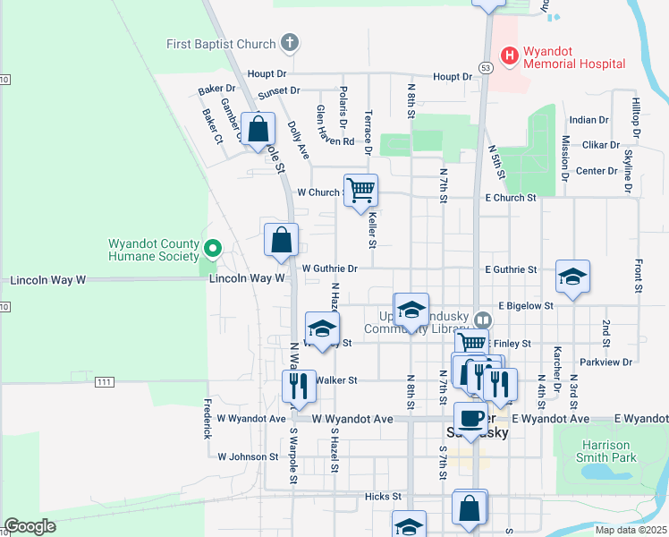 map of restaurants, bars, coffee shops, grocery stores, and more near 429 West Guthrie Drive in Upper Sandusky