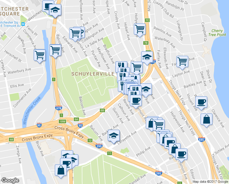 map of restaurants, bars, coffee shops, grocery stores, and more near 1130 Calhoun Ave in Bronx