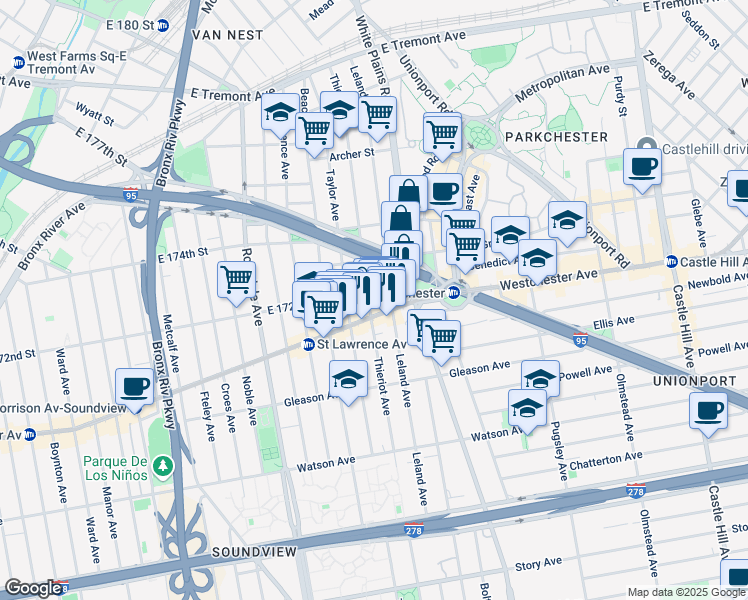 map of restaurants, bars, coffee shops, grocery stores, and more near 1316 Thieriot Avenue in Bronx