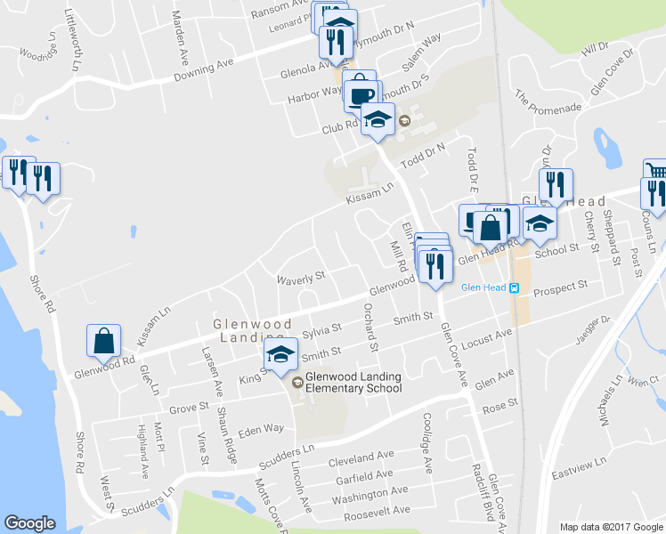 map of restaurants, bars, coffee shops, grocery stores, and more near 22 William Street in Glen Head