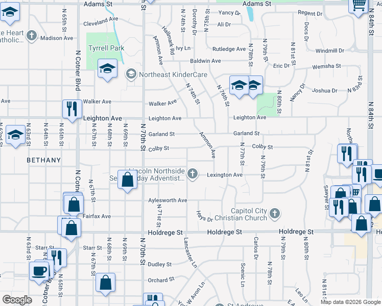 map of restaurants, bars, coffee shops, grocery stores, and more near 2020 North 73rd Street in Lincoln