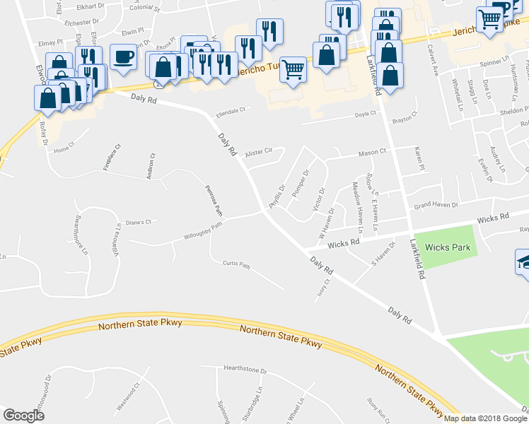 map of restaurants, bars, coffee shops, grocery stores, and more near 94 Daly Road in East Northport