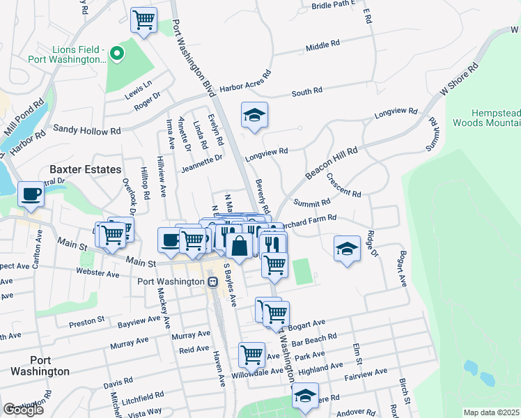 map of restaurants, bars, coffee shops, grocery stores, and more near 4 Beverly Road in Port Washington