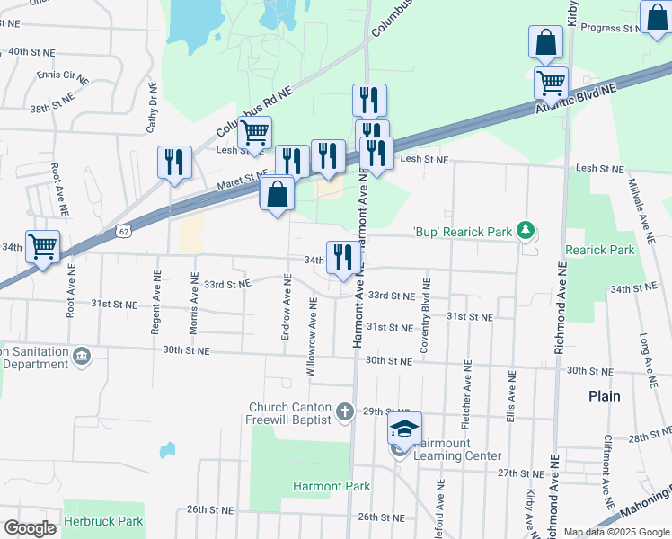 map of restaurants, bars, coffee shops, grocery stores, and more near 3168 34th Street Northeast in Canton