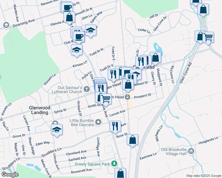 map of restaurants, bars, coffee shops, grocery stores, and more near 25 Glen Head Road in Glen Head
