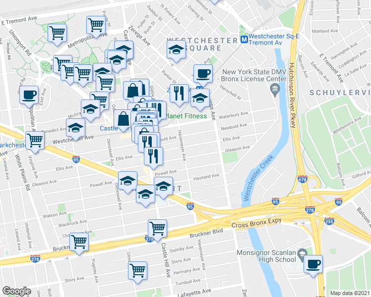 map of restaurants, bars, coffee shops, grocery stores, and more near 1218 Havemeyer Avenue in The Bronx