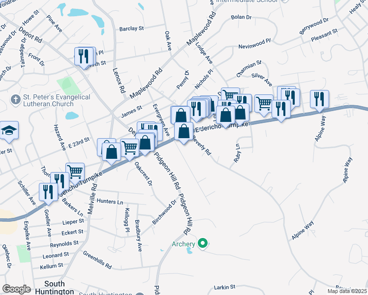 map of restaurants, bars, coffee shops, grocery stores, and more near 260 Evergreen Avenue in Huntington Station