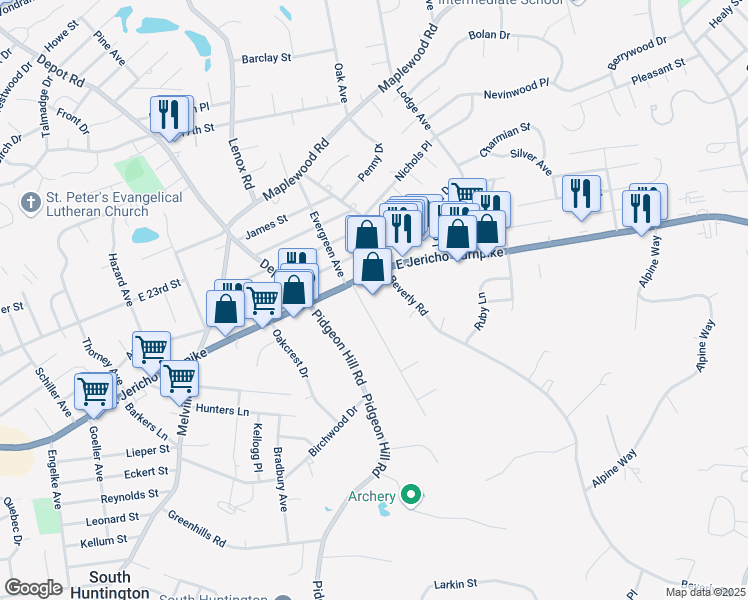 map of restaurants, bars, coffee shops, grocery stores, and more near 260 Evergreen Avenue in Huntington Station
