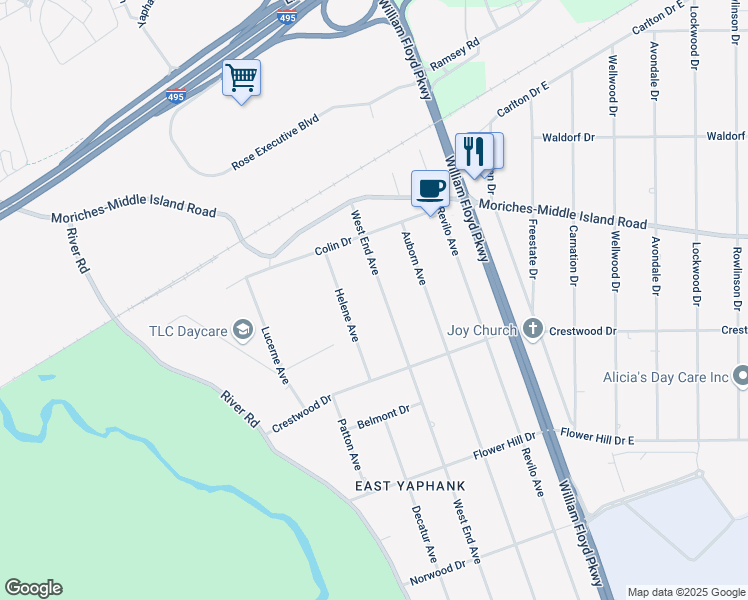 map of restaurants, bars, coffee shops, grocery stores, and more near 453 West End Avenue in Shirley